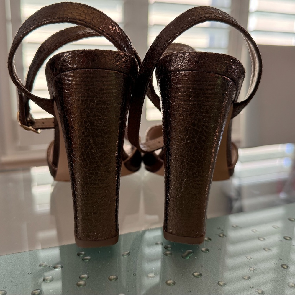 Lulus Laren Crackled Bronze Strap Block High Heel Sandals Size 6.5 - Picture 9 of 9